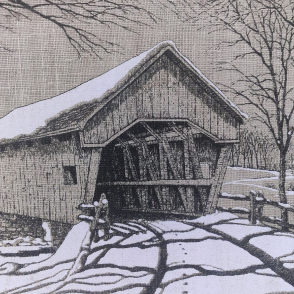 VTG KAYDEE Pure Linen Hand Painted Framed Signed Warren Boucher Bridge Picture - Picture 2 of 6